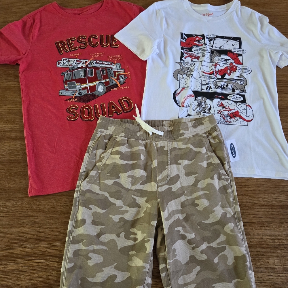 NWT LOT Of Boys T Shirts Baseball Dino Fire Rescue and Camo Knit Shorts XL